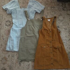 Set of Three Dresses in Blue, Olive, and Brown